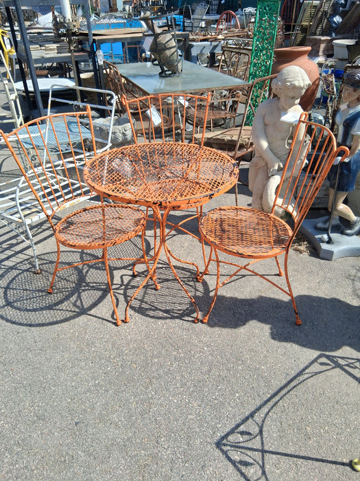 ORANGE METAL ROUND MESH TOP TABLE WITH 3 CHAIRS