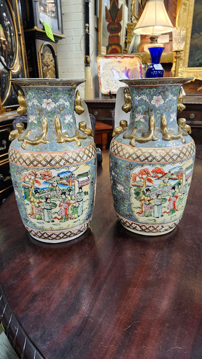 PAIR OF ROSE FAMILLE VASES TEAL, ORANGE AND GOLD
