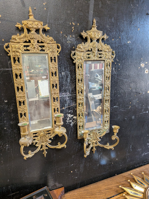 PAIR OF ORNATE MIRRORED BRASS SCONCES