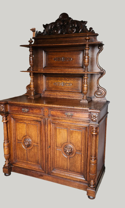 RESTORED EUROPEAN CARVED OAK SERVER WITH LION HEADS