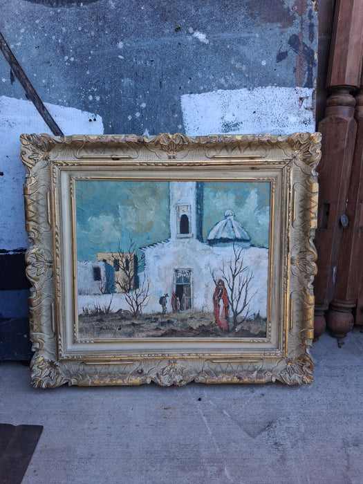 GILT FRAMED OIL PAINTING OF A MISSION