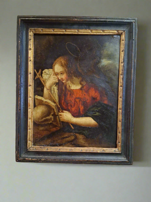 EARLY SMALL RELIGIOUS OIL PAINTING ON COPPER OF MARY MAGDALINE HOLDING A CROSS