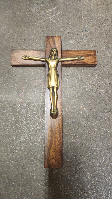DECO MAHOGANY AND BRASS  CRUCIFIX