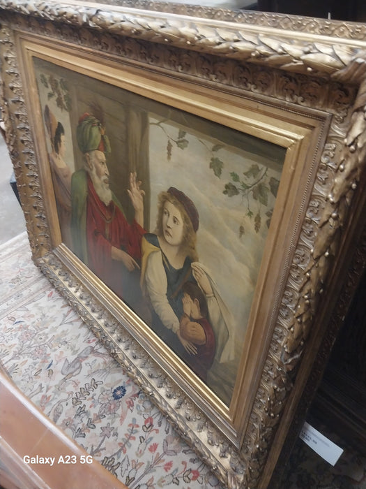 ORNATE GILT FRAMED OIL PAINITNG WITH BEARDED SAGE ADMONISHING MOTHER AND CHILD