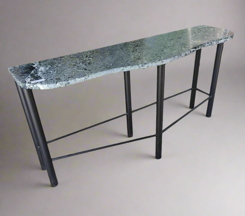 GREEN MARBLE TOP IRON BASE CONSOLE TABLE