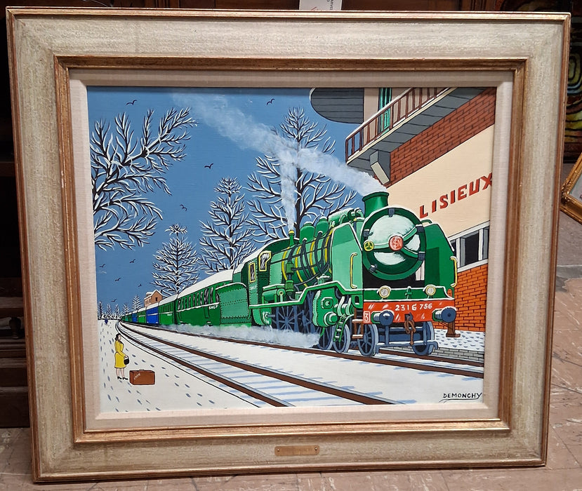 COLORFUL GRREN TRAIN PAINTING SIGNED ANDRE DEMONCHY