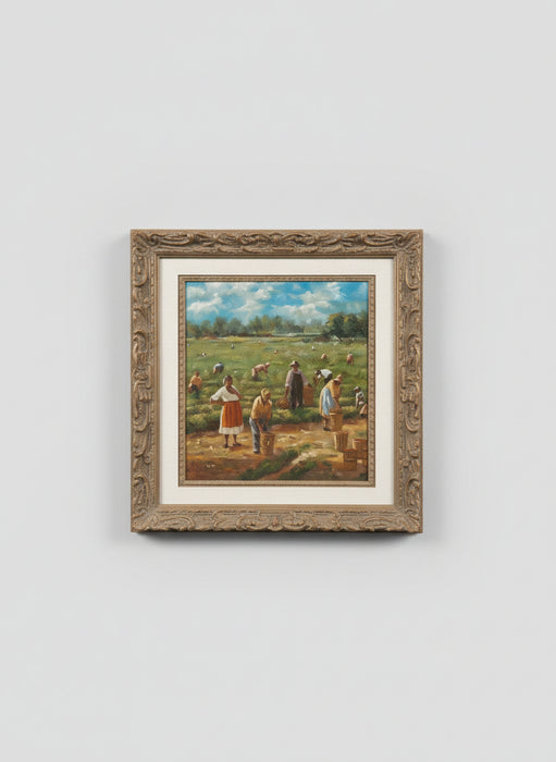 FRAMED OIL PAINTING ON BOARD "THE STRAWBERRY PICKERS" SIGNED KANA