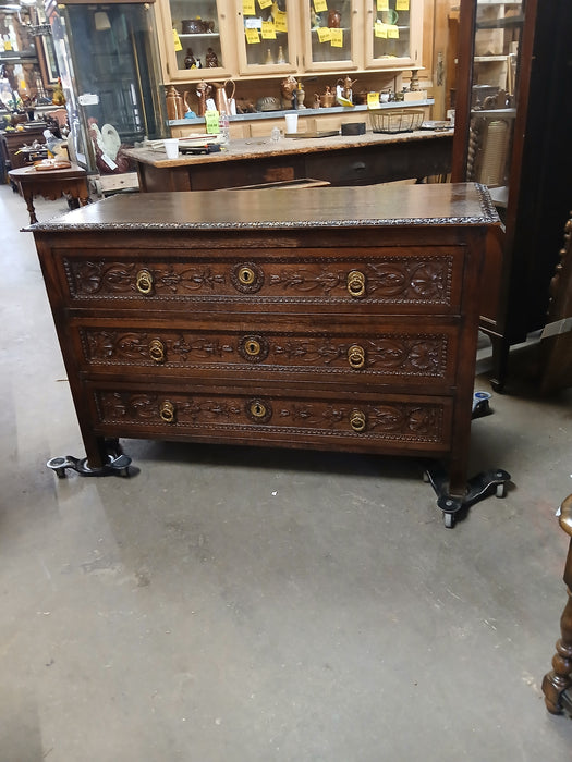 LARGE FRENCH CARVED DARK OAK 3 DRAWER CHEST