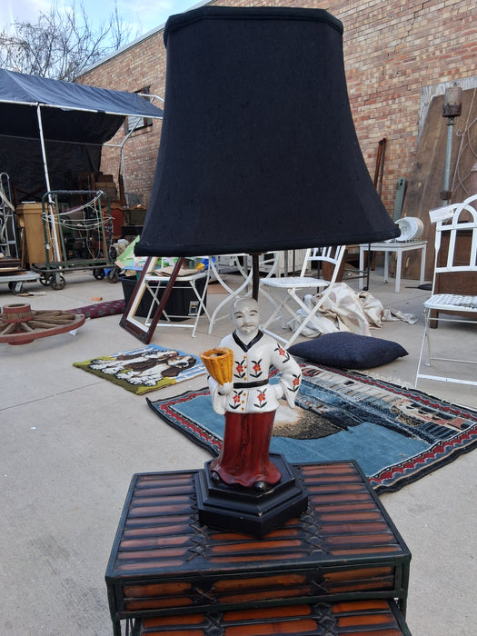 CHINESE FIGURAL LAMP WITH BLACK PAGODA SHADE