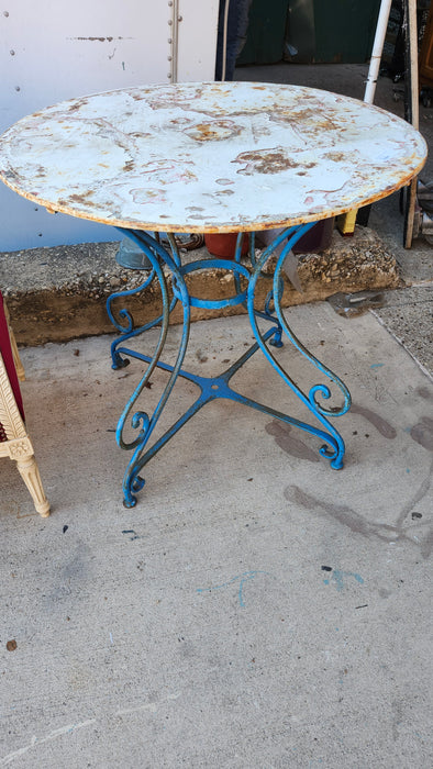 BLUE AND WHITE METAL PATIO TABLE