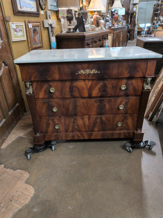 WHITE MARBLE TOP FRENCH EMPIRE MAHOGANY CHEST