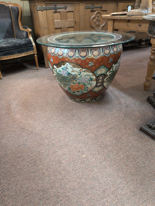 LARGE JAPANESE FISH BOWL WITH GLASS TABLE TOP