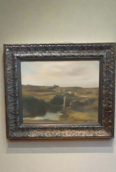 FRAMED IMPRESSIONIST LANDSCAPE OIL PAINTING WITH HOUSE AND ROCKS