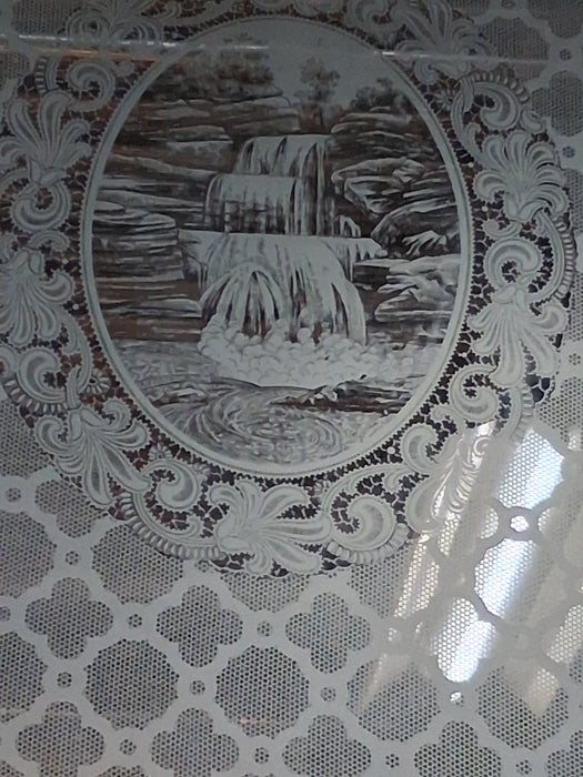 19TH CENTURY FARMHOUSE  WINDOW WITH  ETCHED GLASS WATERFALL