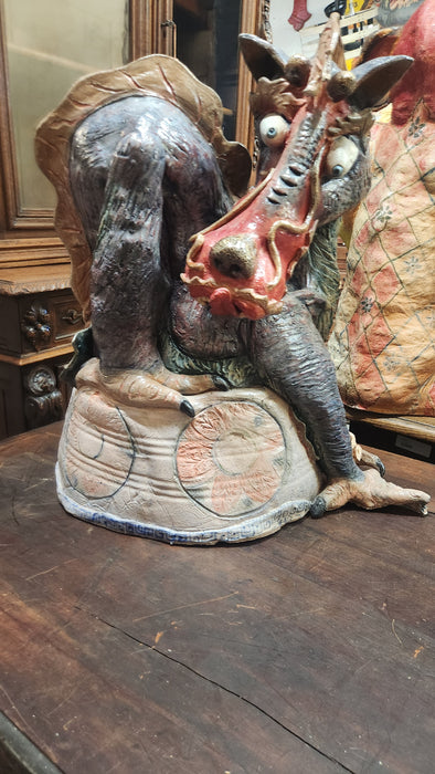 AS FOUND PURPLE POTTERY DRAGON STATUE BY TERRI WILDER