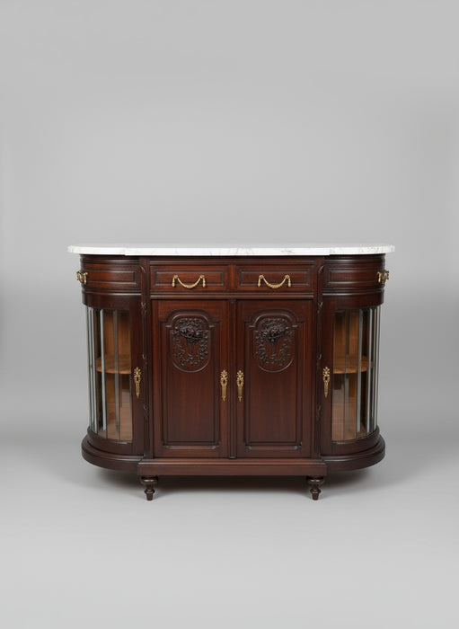 LOUIS XVI WHITE MARBLE TOP CURVED SERVER WITH GLASS DOORS
