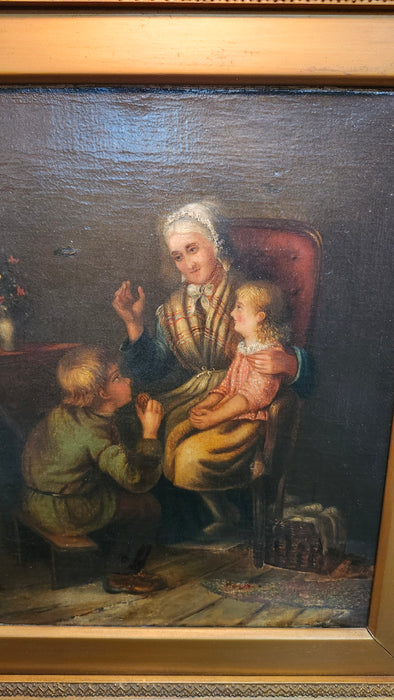 19TH CENTURY OIL PAINTING "GRANDMOTHERS VISIT" CIRCA 1845