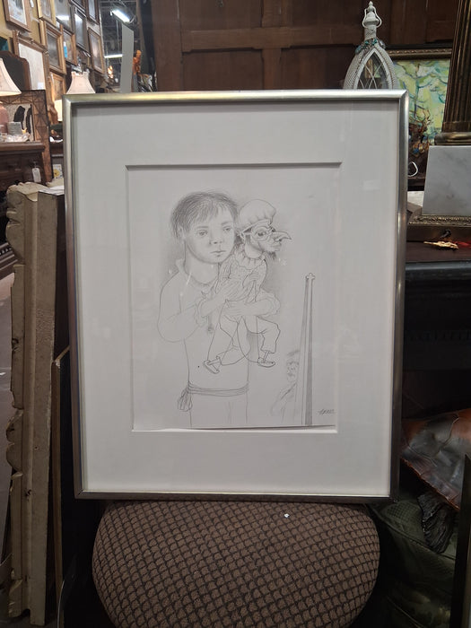 FRAMED DRAWING OF A BOY WITH A MARIONETTE MANUEL AYSO