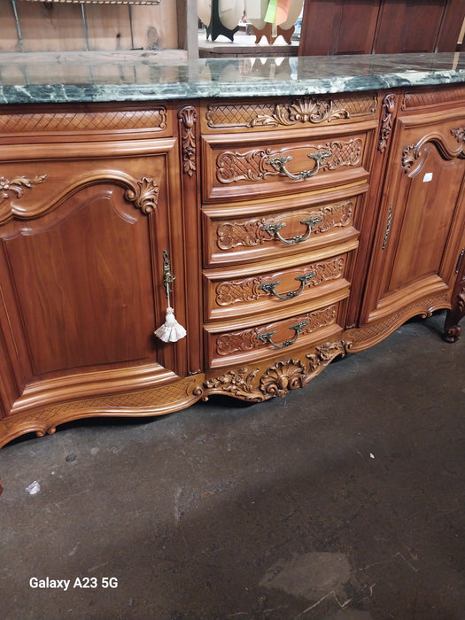 LARGE LOUIS XV CHERRY SIDEBOARD WITH GREEN MARBLE TOP