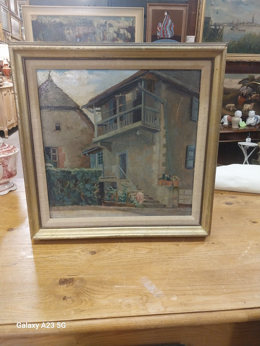 SMALL SQUARE FRAMED OIL PAINTING OF A BUILDING