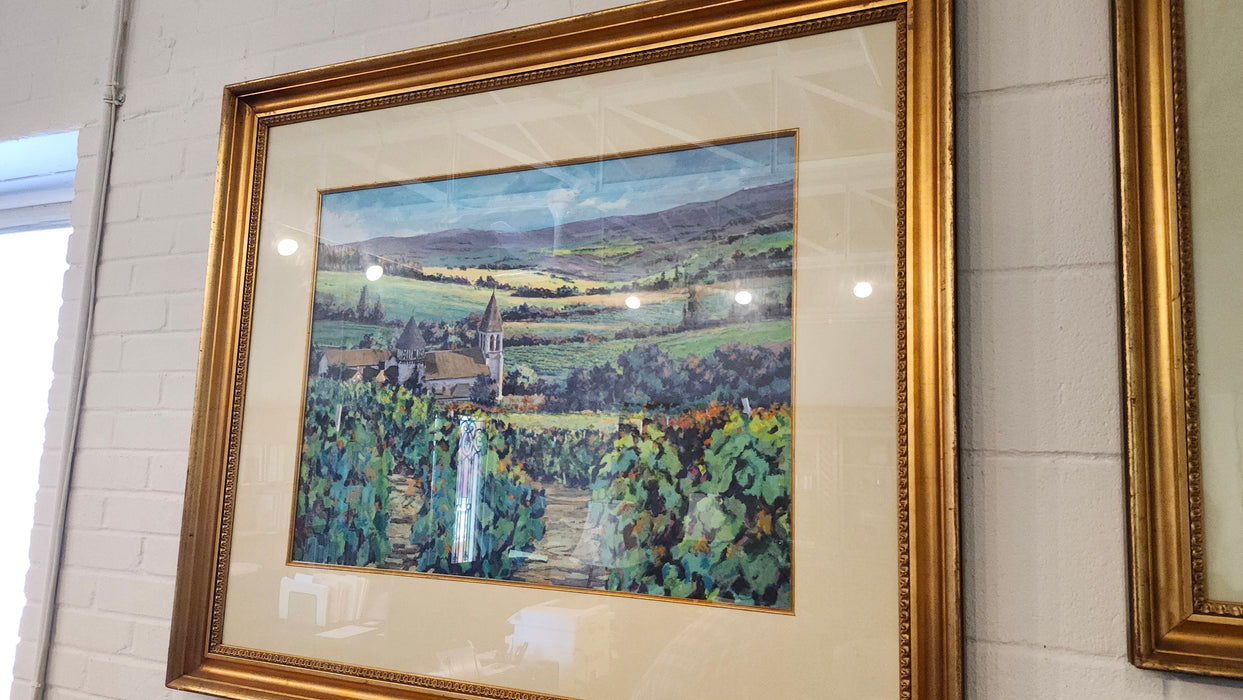 LARGE GOLD FRAMED CHURCH WITH VINEYARD GICLEE