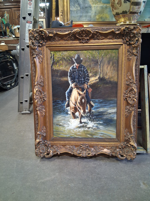 FRAMED OIL PAINTING OF A HORSE RIDER CROSSING A STREAM - SIGNED SHERRY HERRINGTON 1995