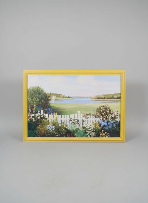 LARGE YELLOW FRAMED LANDSCAPE OIL PAINTING WITH A WHITE PICKETT FENCE-SIGNED JACQUELINE PENNY