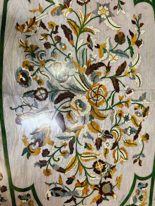 LOUIS XV CARVED GILTWOOD TABLE WITH INTRICATE FLORAL AND BIRD INLAY