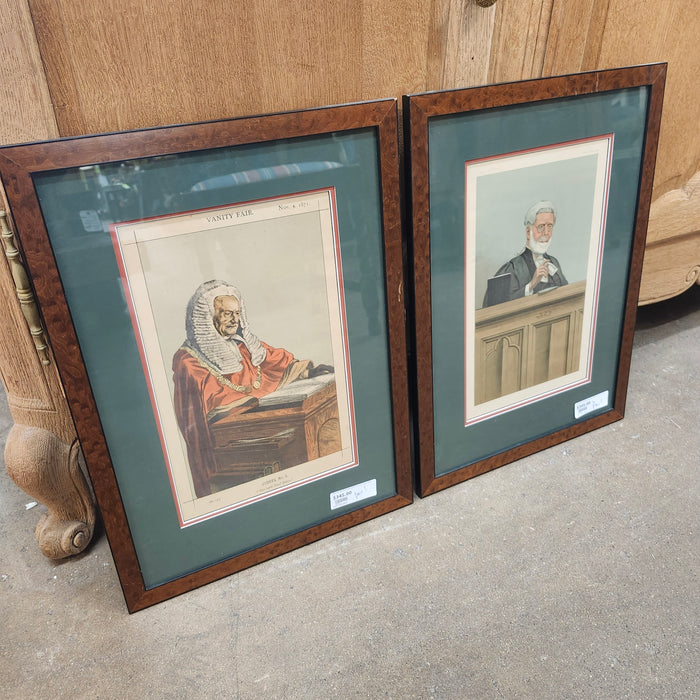 PAIR "SKY" AND VANITY FAIR JUDGE ETCHINGS IN BURLED FRAME