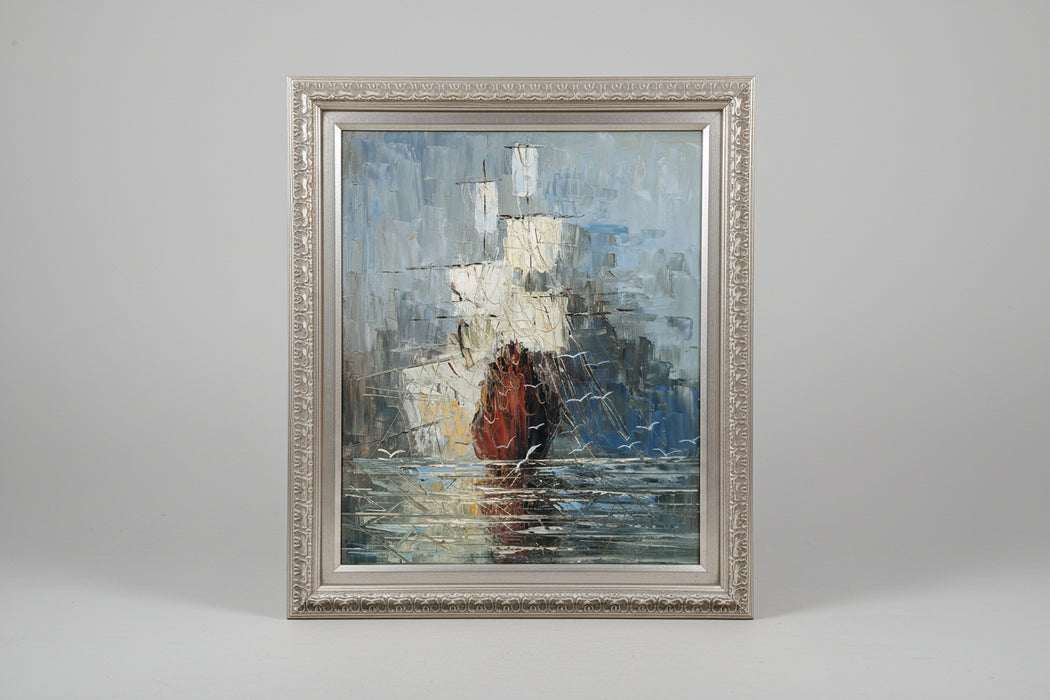 FRAMED MID CENTURY OIL PAINTING OF A SILVERY SHIP