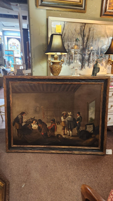 LARGE FRAMED OIL PAINTING OF FLEMISH SOLDIERS IN A TAVERN AFTER PEITER CODDE 1599-1678
