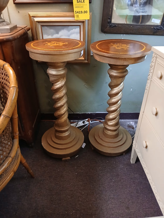 PAIR OF BARLEY TWIST PEDESTALS WITH INLAY