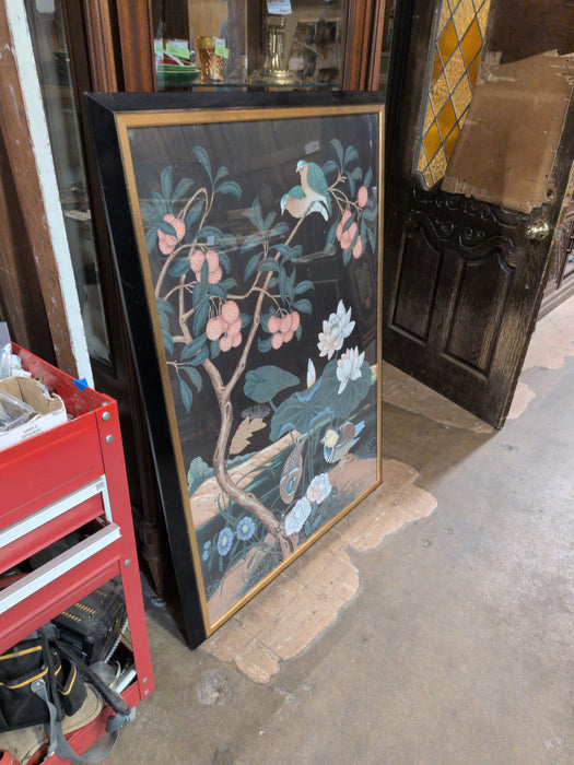 BLACK AND GOLD FRAMED JAPANESE PAINTED LOTUS AND DUCKS ON SILK