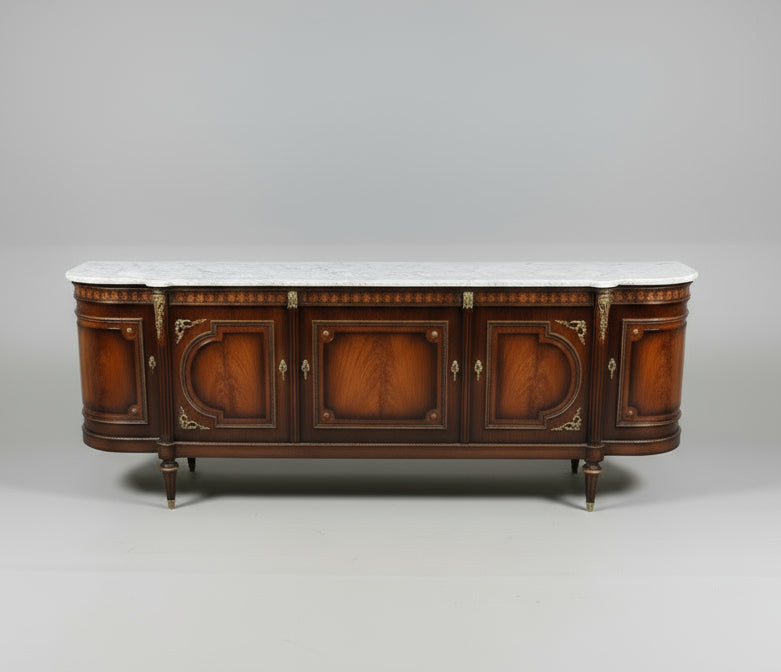 LOUIS XVI CURVED END MAHOGANY MARBLE TOP SIDEBOARD