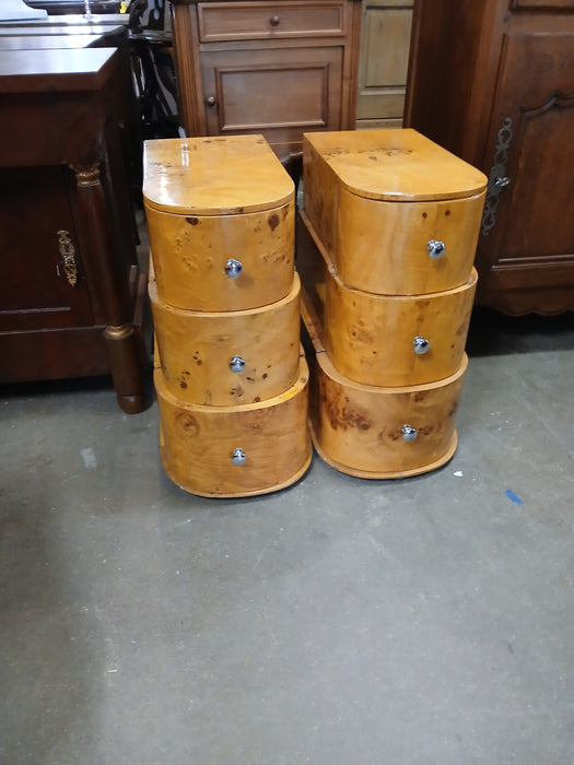 PAIR OF SMALL ART DECO BIRDSEYE MAPLE 3 DRAWER CURVED CHESTS