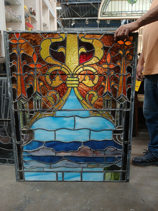 LARGE PAINTED AND STAINED GLASS WINDOW WITH TURET