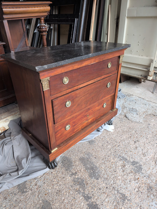 SMALL EMPIRE BLACK MARBLE TOP 3 DRAWER CHEST WITH PAW FEET - AS FOUND