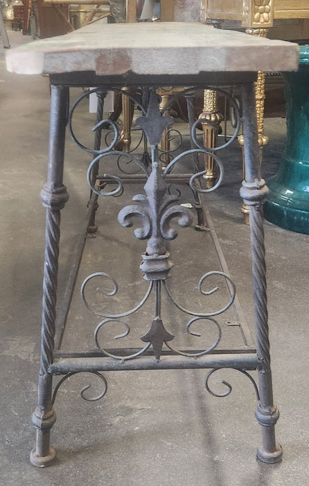 SMALL IRON ORNATE WOOD TOP BENCH