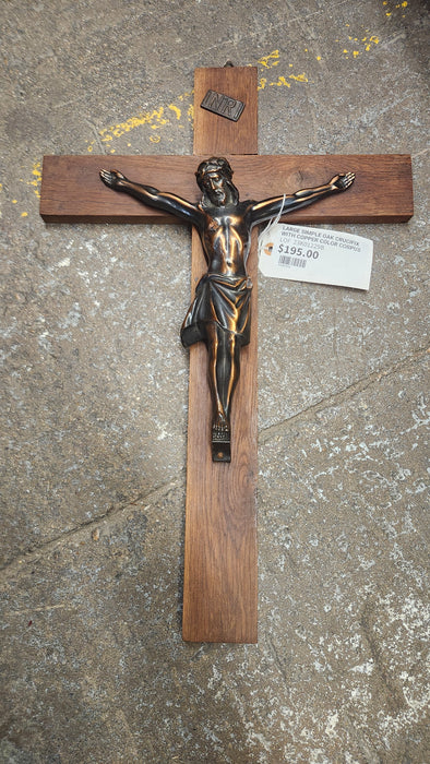 LARGE SIMPLE OAK CRUCIFIX WITH COPPER COLOR CORPUS