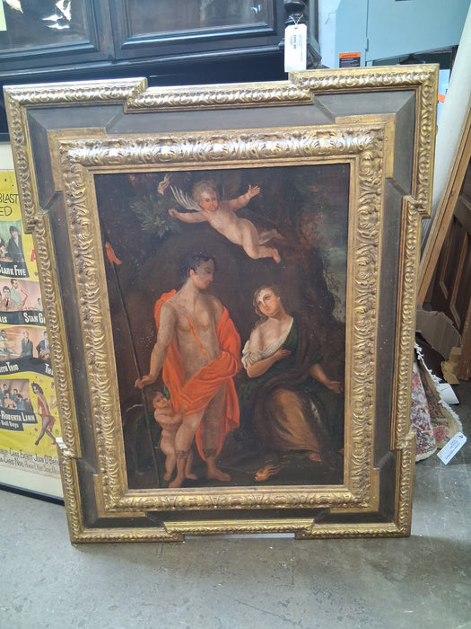 LARGE FRAMED 18TH CENTURY RELIGIOUS OIL PAINTING WITH CHERUB