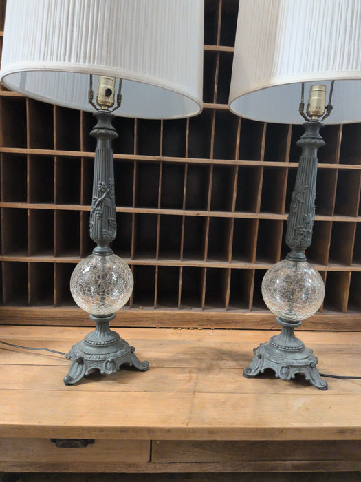 PAIR OF SPELTER WITH CRACKLE GLASS BALL LAMPS WITH SHADES