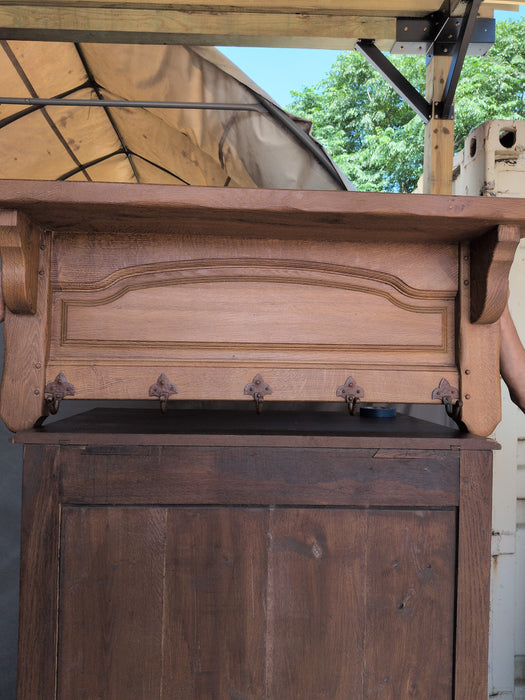 HEAVY RUSTIC OAK WALL SHELF WITH HOOKS