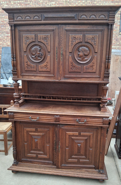HENRI II 2 PIECE CABINET WITH CARVED FACES