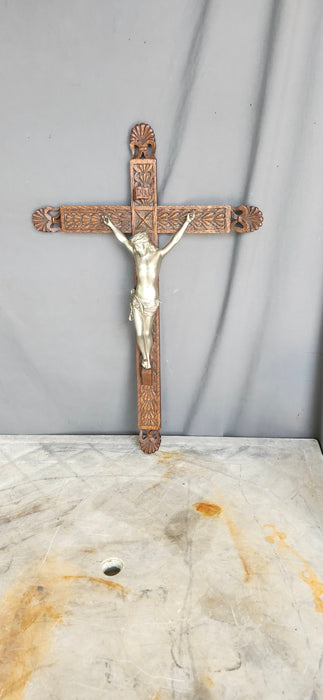 CARVED OAK AND CHROME CRUCIFIX