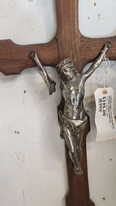 LARGE OAK CRUCIFIX WITH SILVER TONE CORPUS AS FOUND ARM
