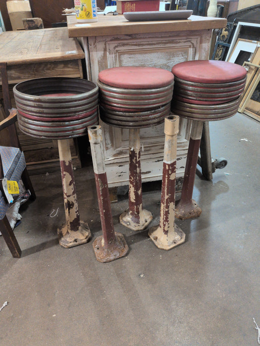 SET OF 5 RED DRUG STORE STOOLS - AS FOUND
