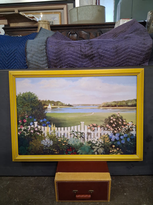 LARGE YELLOW FRAMED LANDSCAPE OIL PAINTING WITH A WHITE PICKETT FENCE-SIGNED JACQUELINE PENNY