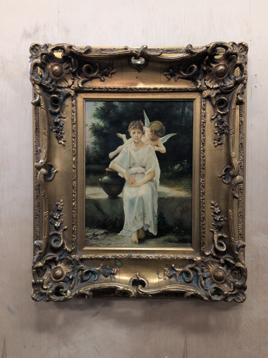 FRAMED PAINTING OF A WOMAN AND CHERUB ON BOARD