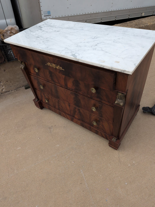 WHITE MARBLE TOP FRENCH EMPIRE MAHOGANY CHEST