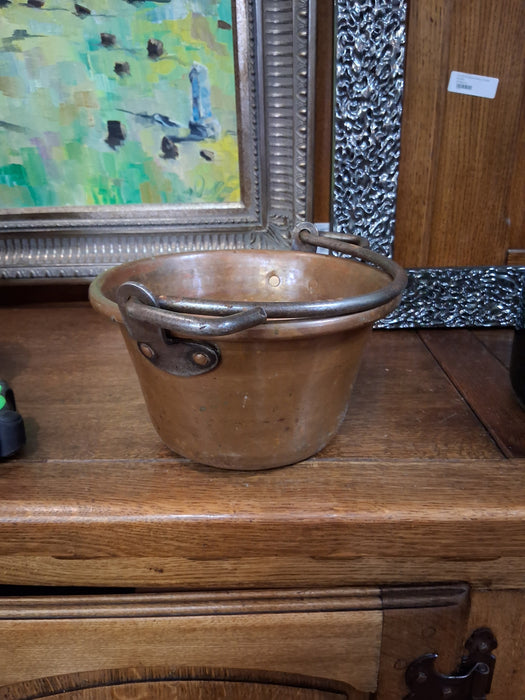SMALL COPPER FLARED POT WITH IRON HANDLE